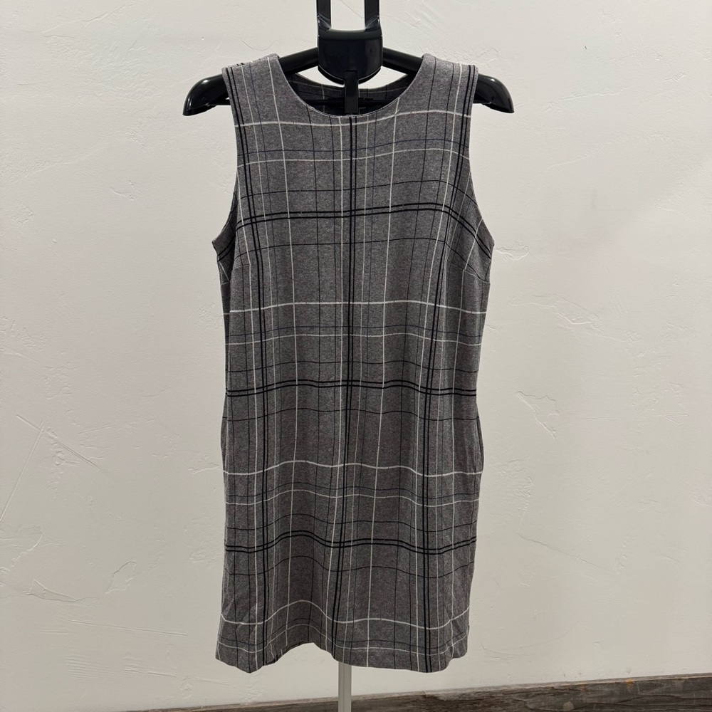 J. Jill Ponte Knit Sleeveless Sheath Dress Gray Windowpane Plaid Size Medium